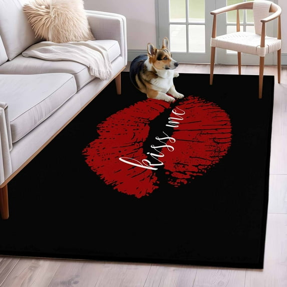 Rectangle Area Rug 4x6ft, Red Lip Print Kiss Me Non-Shedding Washable Area Rug, Black Back Non Slip Low-Profile Rugs for Living Room, Bedroom Dining Room