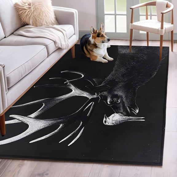 Rectangle Area Rug 4x6ft, Retro Antelope Bird on Black Non-Shedding Washable Area Rug, Vintage Abstract Animal Non Slip Low-Profile Rugs for Living Room, Bedroom Dining Room