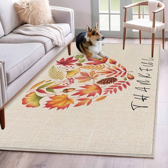 Rectangle Area Rug 4x6ft, Retro Autumn Maple Leaves Pine Fruit Non-Shedding Washable Area Rug, Countryside Almonds Non Slip Low-Profile Rugs for Living Room, Bedroom Dining Room