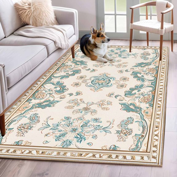 Rectangle Area Rug 4x6ft, Retro Bohemia Tribal Flower Border Non-Shedding Washable Area Rug, Western Farmhouse Non Slip Low-Profile Rugs for Living Room, Bedroom Dining Room