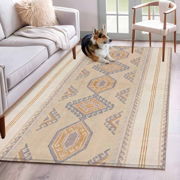 Rectangle Area Rug 4x6ft, Retro Boho Geometric Abstract Non-Slip Non-Shedding Floor Mat, Vintage Diamond Pattern Washable Sturdy Carpet for Living Room Bedroom Home Decor
