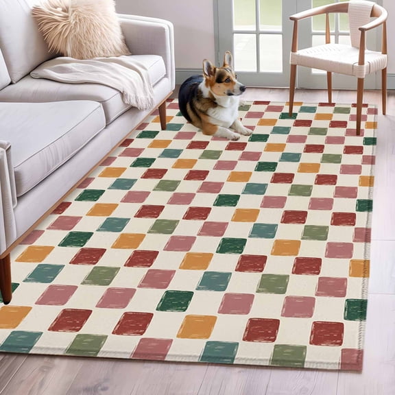 Rectangle Area Rug 4x6ft, Retro Colorful Buffalo Plaid Non-Shedding Washable Area Rug, Red Pink Orange Green Beige Check Non Slip Low-Profile Rugs for Living Room, Bedroom Dining Room