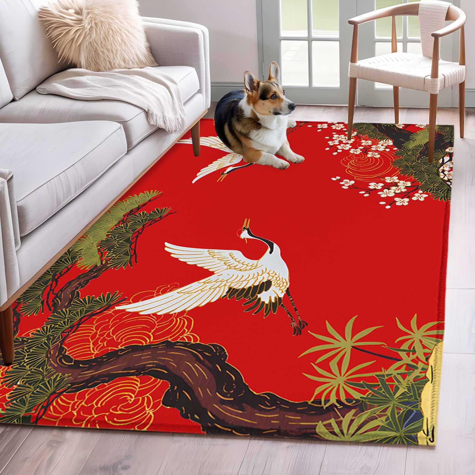 Rectangle Area Rug 4x6ft, Retro Crane Pine Flower on Red Non-Slip Non-Shedding Floor Mat, Asian Chinese Pastoral Scenic Washable Sturdy Carpet for Living Room Bedroom Home Decor