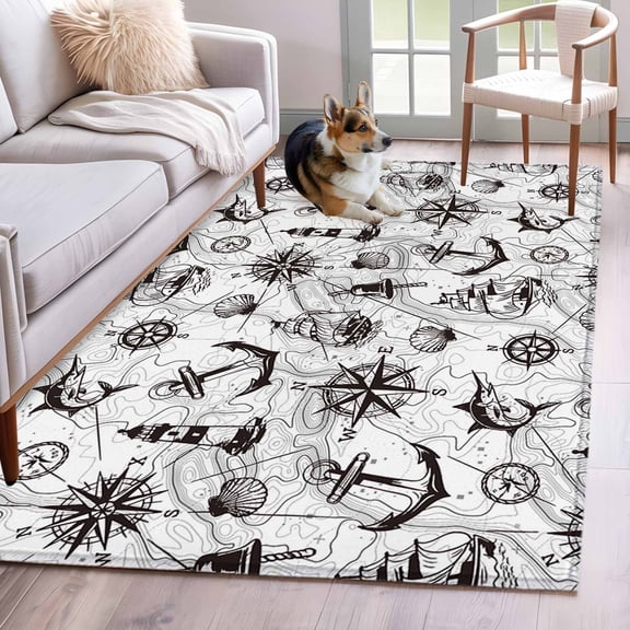 Rectangle Area Rug 4x6ft, Retro Nautical Anchor Lighthouse Non-Slip Non-Shedding Floor Mat, Black White Compass Map Washable Sturdy Carpet for Living Room Bedroom Home Decor
