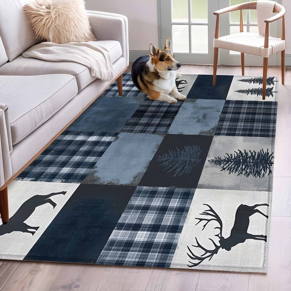 Rectangle Area Rug 4x6ft, Retro Pine Tree Deer Silhouette Non-Shedding Washable Area Rug, Forest Animal Plant Checkered Non Slip Low-Profile Rugs for Living Room, Bedroom Dining Room