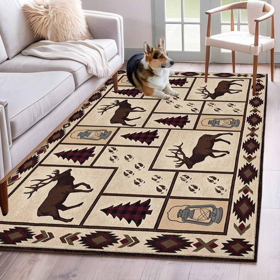 Rectangle Area Rug 4x6ft, Retro Southwest Geometric Non-Shedding Washable Area Rug, Reindeer Pine Tree Non Slip Low-Profile Rugs for Living Room, Bedroom Dining Room