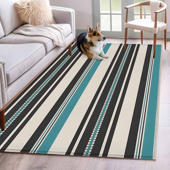 Rectangle Area Rug 4x6ft, Retro Teal Black Stripes Non-Shedding Washable Area Rug, Abstract Geometric Non Slip Low-Profile Rugs for Living Room, Bedroom Dining Room