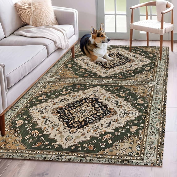 Rectangle Area Rug 4x6ft, Retro Traditional Turkish Floral Pattern Non-Shedding Washable Area Rug, Vintage Medieval Art Non Slip Low-Profile Rugs for Living Room, Bedroom Dining Room