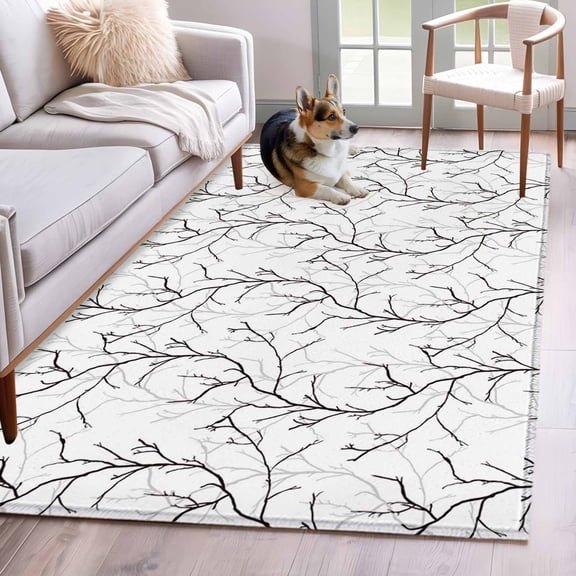 Rectangle Area Rug 4x6ft, Retro Tree Branches Texture Non-Slip Non-Shedding Floor Mat, Vintage Plants on White Washable Sturdy Carpet for Living Room Bedroom Home Decor