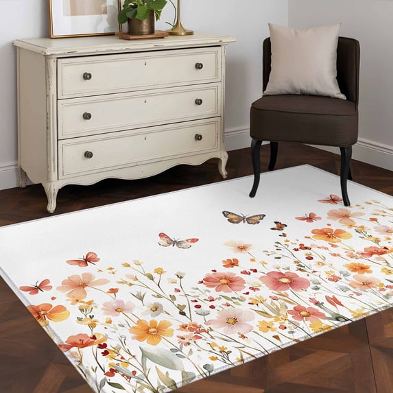 Rectangle Area Rug 4x6ft,Retro Watercolor Floral Butterfly Washable Carpet Non-Slip Runner Accent Rugs Indoor Floor Mat for Bedroom Living Room Decor,Spring Ombre Flower Leaf