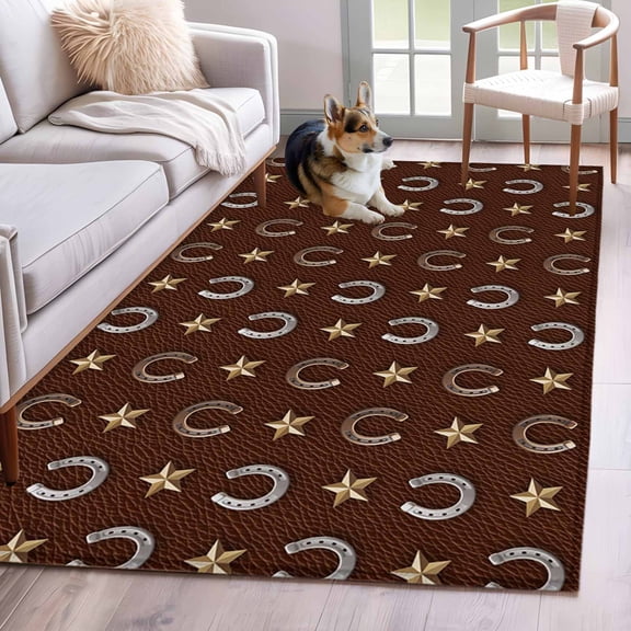 Rectangle Area Rug 4x6ft, Retro Western Horse-footed Iron on Brown Non-Slip Non-Shedding Floor Mat, Yellow Star Washable Sturdy Carpet for Living Room Bedroom Home Decor
