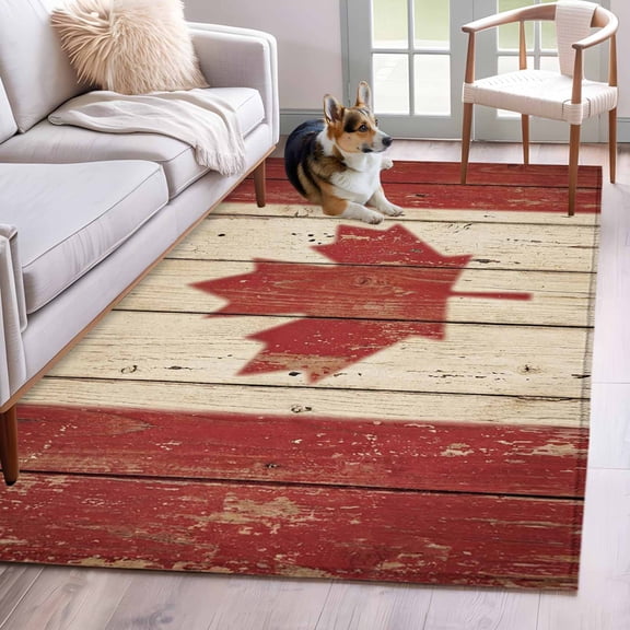 Rectangle Area Rug 4x6ft, Retro Wooden Stripes Maple Leafs Non-Slip Non-Shedding Floor Mat, Country Red Brown Plank Washable Sturdy Carpet for Living Room Bedroom Home Decor