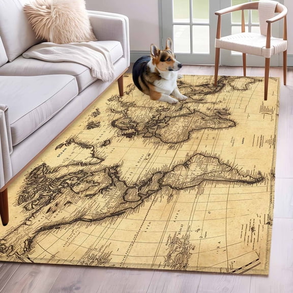 Rectangle Area Rug 4x6ft, Retro Yellow World Map North America Asia Non-Shedding Washable Area Rug, Pacific Plate Non Slip Low-Profile Rugs for Living Room, Bedroom Dining Room