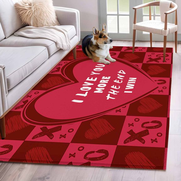 Rectangle Area Rug 4x6ft, Romantic Red Heart Shape Pattern for Valentine's Day Non-Slip Non-Shedding Floor Mat, Plaid Washable Sturdy Carpet for Living Room Bedroom Home Decor