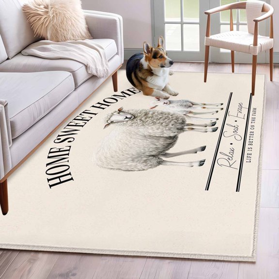 Rectangle Area Rug 4x6ft, Rustic Animal Farmhouse Sheep Non-Shedding Washable Area Rug, Sweet Home Quote on Beige Non Slip Low-Profile Rugs for Living Room, Bedroom Dining Room