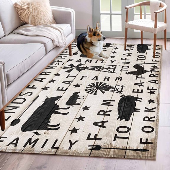 Rectangle Area Rug 4x6ft, Rustic Animals Windmills Farm Quote Non-Shedding Washable Area Rug, Vintage Beige Wood Grain Non Slip Low-Profile Rugs for Living Room, Bedroom Dining Room