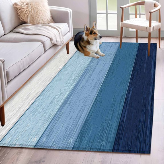 Rectangle Area Rug 4x6ft, Rustic Blue White Ombre Wood Grain Non-Shedding Washable Area Rug, Farmhouse Wooden Plank Non Slip Low-Profile Rugs for Living Room, Bedroom Dining Room