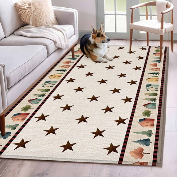 Rectangle Area Rug 4x6ft, Rustic Country Towns Illustration Non-Shedding Washable Area Rug, Brown Stars Tree House Non Slip Low-Profile Rugs for Living Room, Bedroom Dining Room