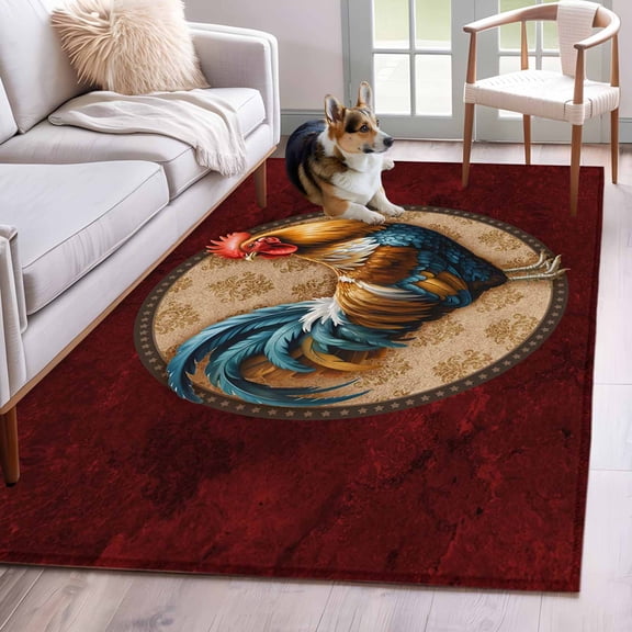 Rectangle Area Rug 4x6ft, Rustic Farm Rooster on Retro Texture Non-Shedding Washable Area Rug, Red Marble Agate Non Slip Low-Profile Rugs for Living Room, Bedroom Dining Room