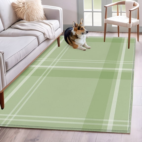 Rectangle Area Rug 4x6ft, Sage Green Plaid Minimalist Non-Slip Non-Shedding Floor Mat, Farmhouse Tartan Checkered Washable Sturdy Carpet for Living Room Bedroom Home Decor