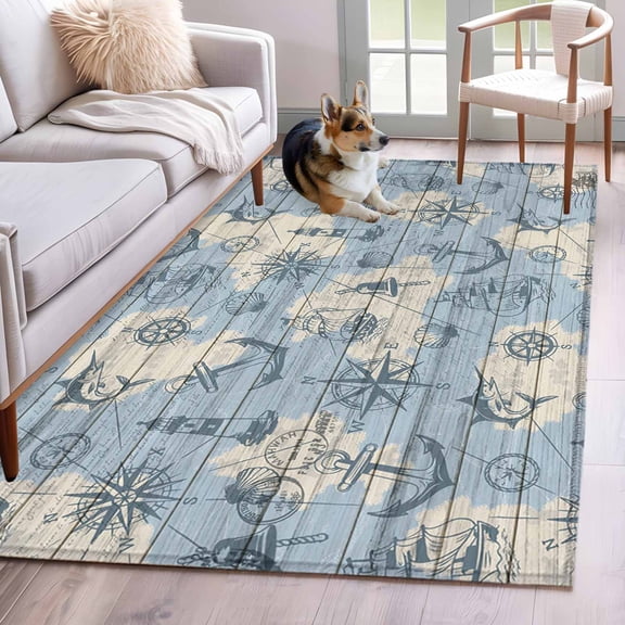 Rectangle Area Rug 4x6ft, Sailing Compass Anchor Lighthouse Non-Slip Non-Shedding Floor Mat, Map Fish on Wood Board Washable Sturdy Carpet for Living Room Bedroom Home Decor