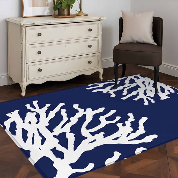 Rectangle Area Rug 4x6ft,Sea Coral Navy Blue Washable Carpet Non-Slip Runner Accent Rugs Indoor Floor Mat for Bedroom Living Room Decor,Simple Minimalist Style