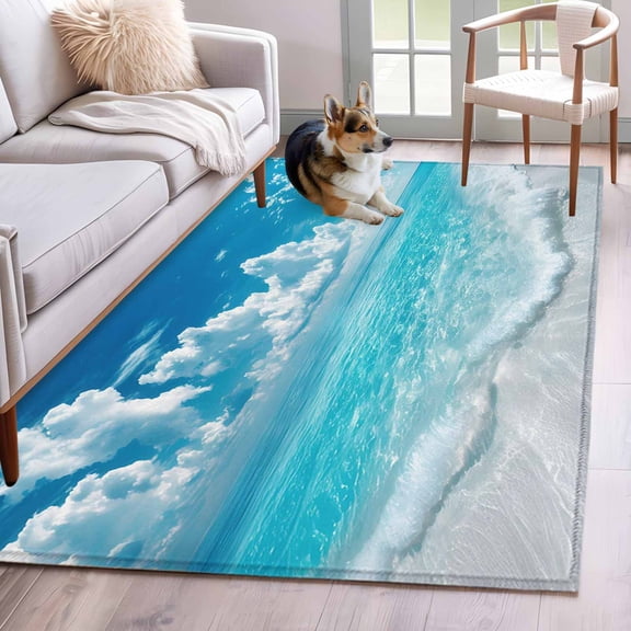 Rectangle Area Rug 4x6ft, Sea Wave Blue Sky White Clouds Non-Slip Non-Shedding Floor Mat, Summer Beach Theme Washable Sturdy Carpet for Living Room Bedroom Home Decor