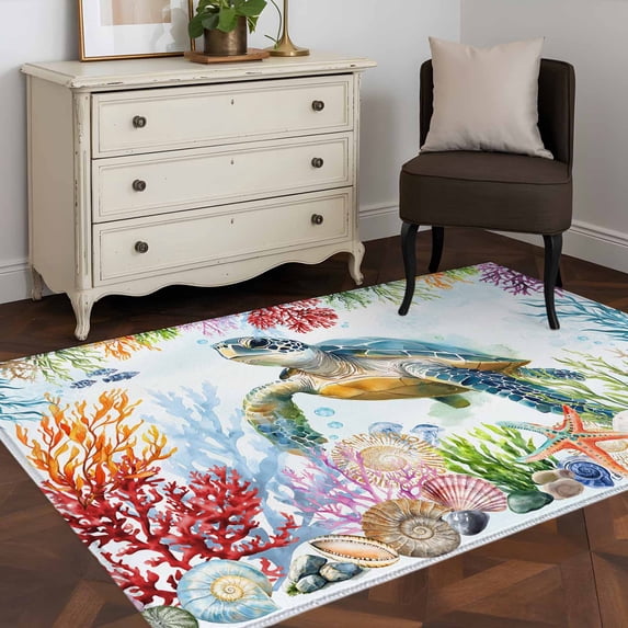 Rectangle Area Rug 4x6ft,Sea ​​turtle Ocean Coral Starfish Shell Washable Carpet Non-Slip Runner Accent Rugs Indoor Floor Mat for Bedroom Living Room Decor,Summer Blue Ocean
