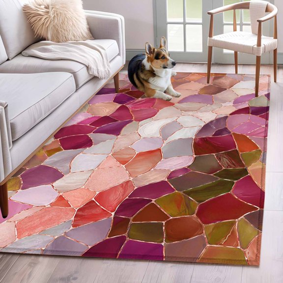 Rectangle Area Rug 4x6ft, Seamless Glass Shard Pattern Non-Slip Non-Shedding Floor Mat, Abstract Broken Tile Print Washable Sturdy Carpet for Living Room Bedroom Home Decor