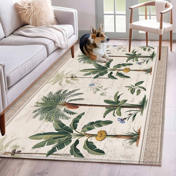 Rectangle Area Rug 4x6ft, Serene Botanical Print Non-Slip Non-Shedding Floor Mat, Beige Border Weathered Textures Washable Sturdy Carpet for Living Room Bedroom Home Decor