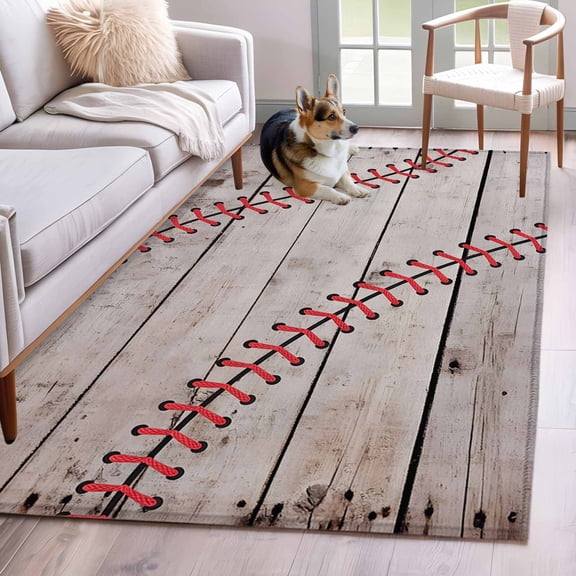 Rectangle Area Rug 4x6ft, Sports Baseball Texture Red Lines Non-Slip Non-Shedding Floor Mat, Farm Wooden Plank Washable Sturdy Carpet for Living Room Bedroom Home Decor