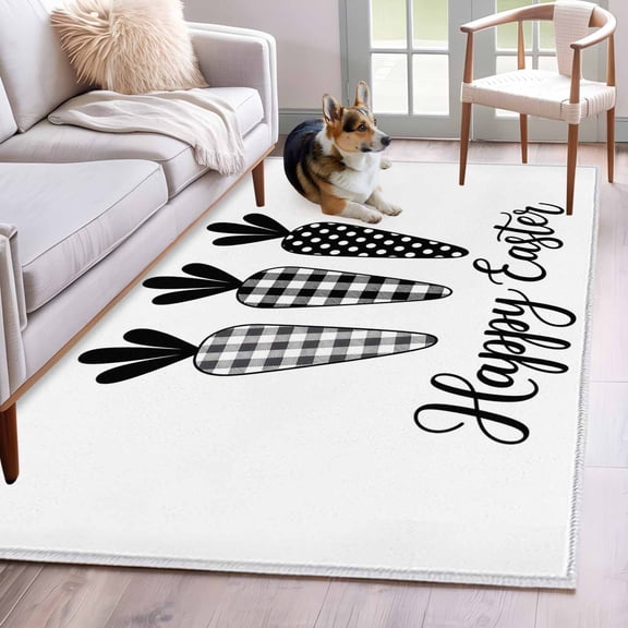 Rectangle Area Rug 4x6ft, Spring Black White Buffalo Checkered Carrot Non-Shedding Washable Area Rug, Happ Easter Non Slip Low-Profile Rugs for Living Room, Bedroom Dining Room