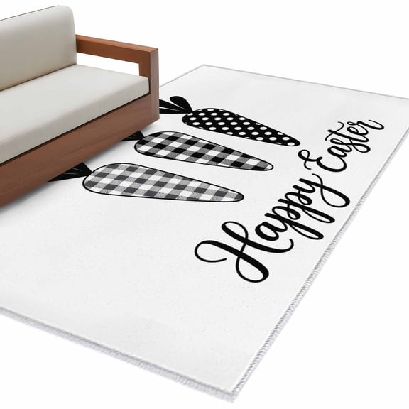 Rectangle Area Rug 4x6ft, Spring Black White Buffalo Checkered Carrot Non-Slip Non-Shedding Floor Mat, Happ Easter Washable Sturdy Carpet for Living Room Bedroom Home Decor