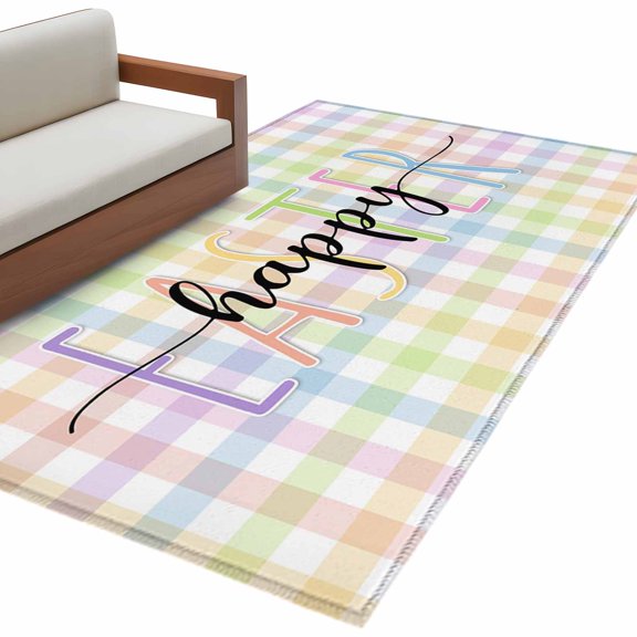 Rectangle Area Rug 4x6ft, Spring Colorful Checkered Non-Slip Non-Shedding Floor Mat, Easter Buffalo Plaid Minimalist Style Washable Sturdy Carpet for Living Room Bedroom Home Decor