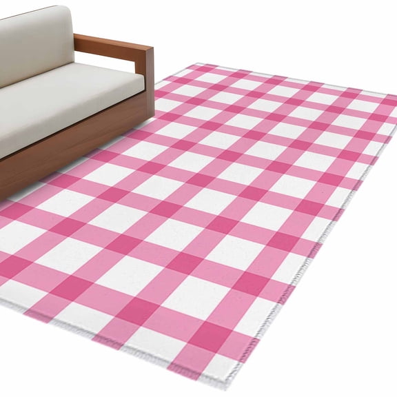 Rectangle Area Rug 4x6ft, Spring Easter Buffalo Checker Lattice Non-Slip Non-Shedding Floor Mat, Pink Stripes Line on White Washable Sturdy Carpet for Living Room Bedroom Home Decor