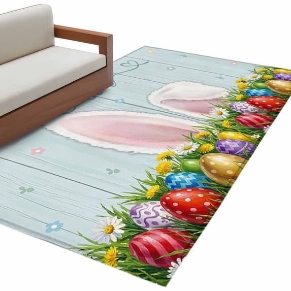 Rectangle Area Rug 4x6ft, Spring Easter Rabbit Ears Teal Wood Non-Slip Non-Shedding Floor Mat, Colorful Eggs Daisy Flower Washable Sturdy Carpet for Living Room Bedroom Home Decor