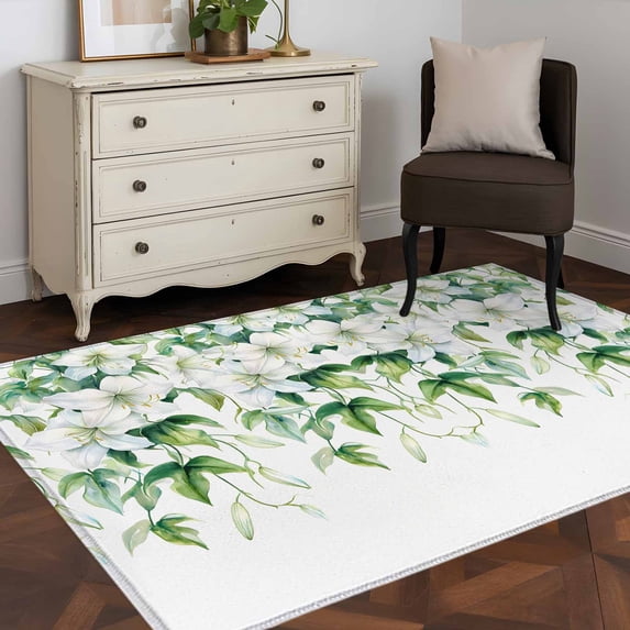 Rectangle Area Rug 4x6ft,Spring Floral Green Watercolor Leaves Washable Carpet Non-Slip Runner Accent Rugs Indoor Floor Mat for Bedroom Living Room Decor,Weeping Vine Flower