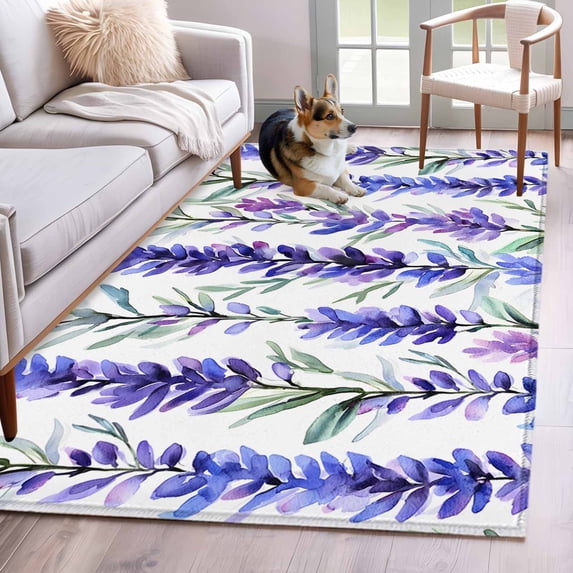 Rectangle Area Rug 4x6ft, Spring Purple Lavender Non-Shedding Washable Area Rug, Watercolor Floral Art Non Slip Low-Profile Rugs for Living Room, Bedroom Dining Room
