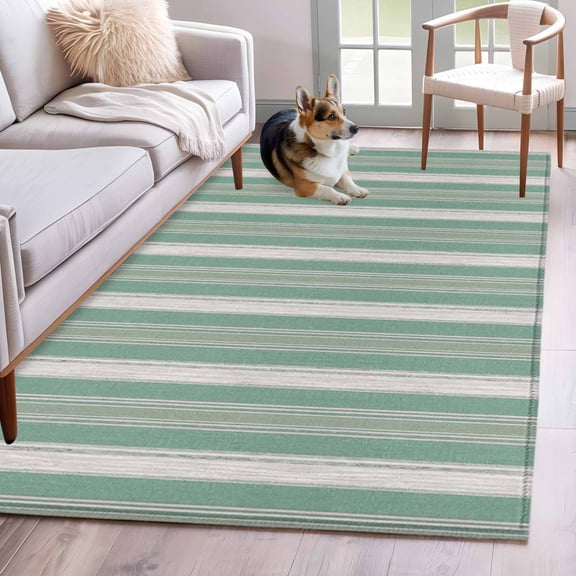 Rectangle Area Rug 4x6ft, Spring Sage White Stripes Non-Shedding Washable Area Rug, Olive Tones Lines Non Slip Low-Profile Rugs for Living Room, Bedroom Dining Room