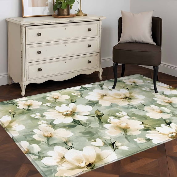 Rectangle Area Rug 4x6ft,Spring Watercolor Flower Sage Green Washable Carpet Non-Slip Runner Accent Rugs Indoor Floor Mat for Bedroom Living Room Decor,Watercolor Oil Painting Style