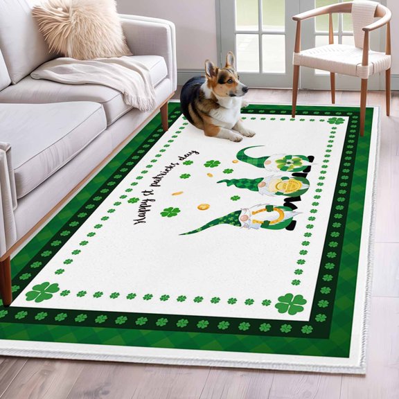 Rectangle Area Rug 4x6ft, St. Patrick's Day Dwarfs with Buffalo Plaid Border Non-Shedding Washable Area Rug, Irish Theme Non Slip Low-Profile Rugs for Living Room, Bedroom Dining Room