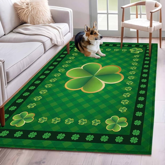 Rectangle Area Rug 4x6ft, St. Patrick's day Celtic Knots Lucky Green Clover Non-Slip Non-Shedding Floor Mat, Buffalo Plaid Washable Sturdy Carpet for Living Room Bedroom Home Decor