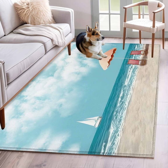 Rectangle Area Rug 4x6ft, Summer Beach Sails Ocean Waves Non-Slip Non-Shedding Floor Mat, Watercolor Sky Clouds Washable Sturdy Carpet for Living Room Bedroom Home Decor