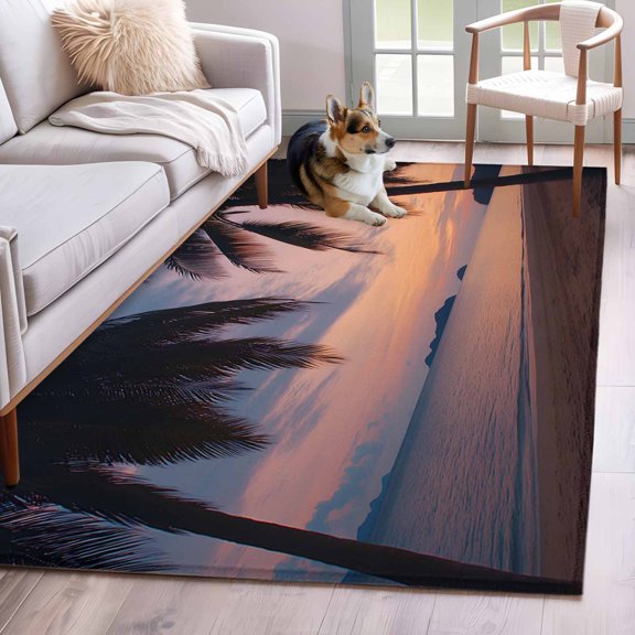 Rectangle Area Rug 4x6ft, Summer Beach Sunset Non-Shedding Washable Area Rug, Coconut Tree Shadow Non Slip Low-Profile Rugs for Living Room, Bedroom Dining Room