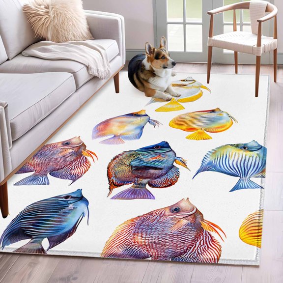 Rectangle Area Rug 4x6ft, Summer Fish School Funny Animals Non-Shedding Washable Area Rug, Watercolor Gradient Non Slip Low-Profile Rugs for Living Room, Bedroom Dining Room