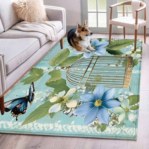 Rectangle Area Rug 4x6ft, Summer Flower Leaf Birdcage Non-Slip Non-Shedding Floor Mat, Retro Watercolor Butterfly Plant Washable Sturdy Carpet for Living Room Bedroom Home Decor