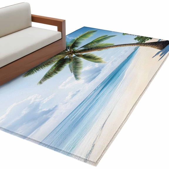 Rectangle Area Rug 4x6ft, Summer Green Coconut Tree Ocean Non-Slip Non-Shedding Floor Mat, Seaside Sandy Beach Washable Sturdy Carpet for Living Room Bedroom Home Decor