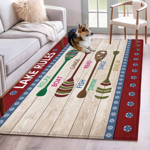 Rectangle Area Rug 4x6ft, Summer Lake Rules Paddle Non-Slip Non-Shedding Floor Mat, Farm Wood Grain Red Maroon Washable Sturdy Carpet for Living Room Bedroom Home Decor