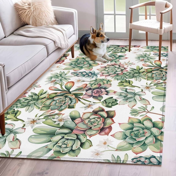 Rectangle Area Rug 4x6ft, Summer Multi-meat Plants Non-Shedding Washable Area Rug, Watercolor Botanical Non Slip Low-Profile Rugs for Living Room, Bedroom Dining Room