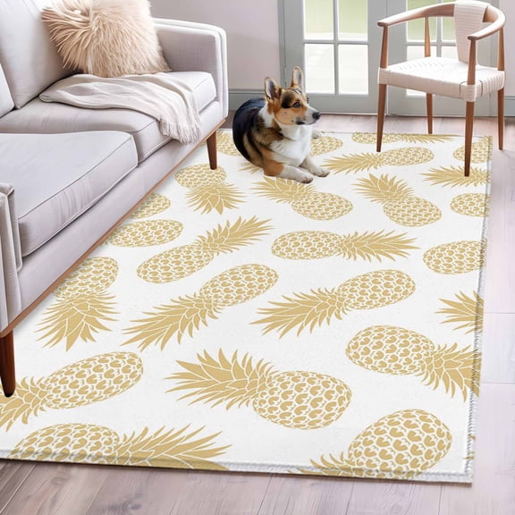 Rectangle Area Rug 4x6ft, Summer Pineapple Fruit Seamless Non-Slip Non-Shedding Floor Mat, Gold Washable Sturdy Carpet for Living Room Bedroom Home Decor